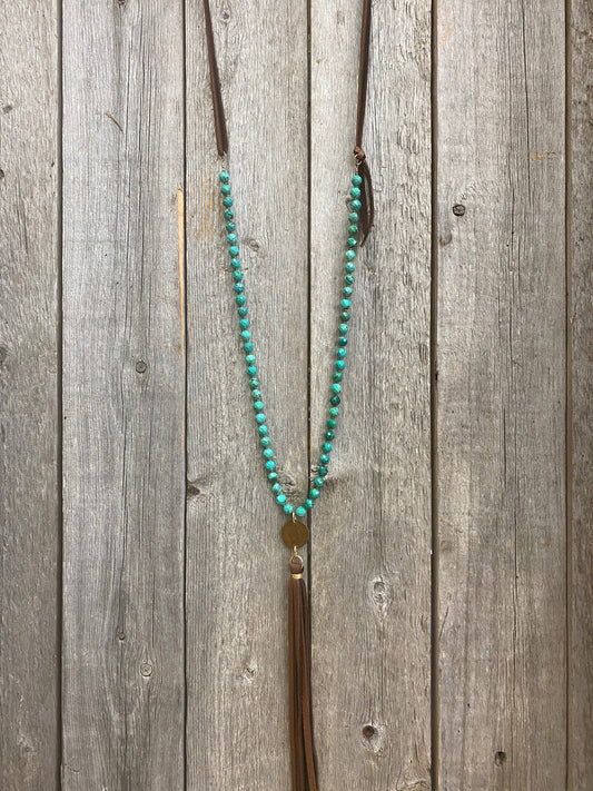 Faceted Turquoise w/Nickel & Leather Tassel