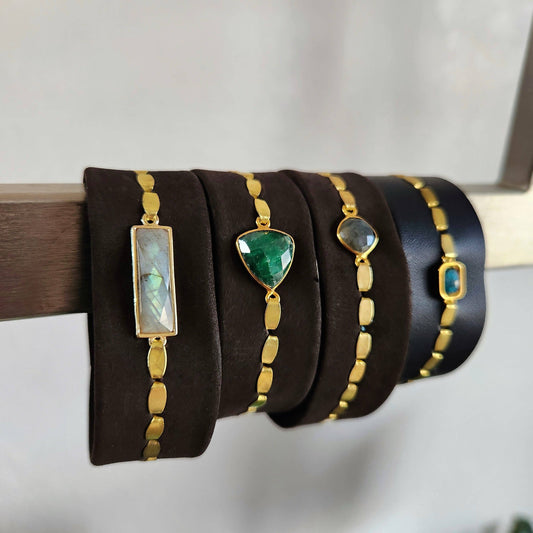 Gold Filled Labradorite Chocolate Leather Cuff Bracelet
