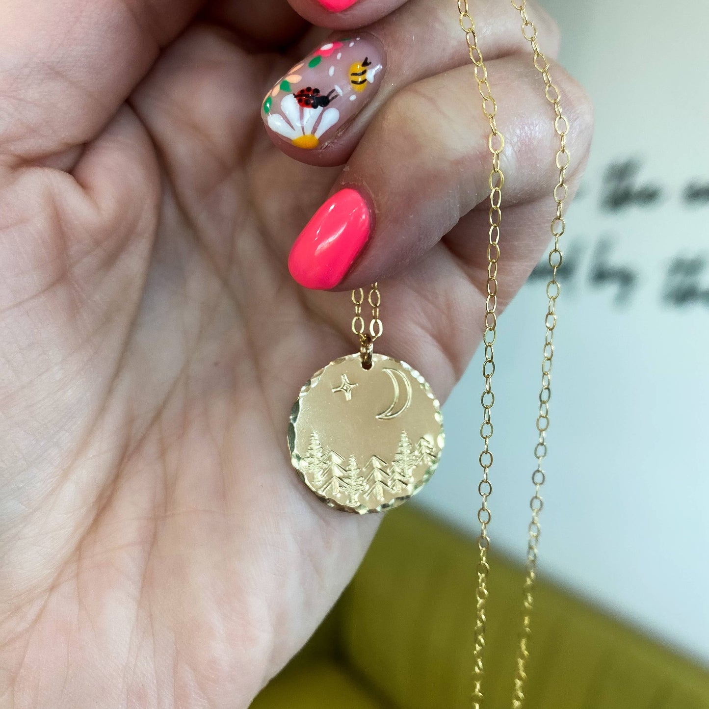 Moonlit Forest Hand Stamped Coin Necklace