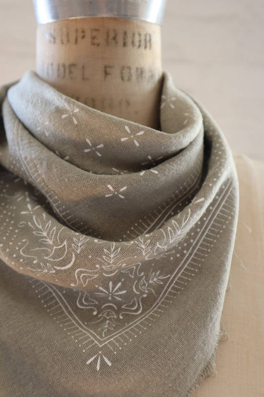 Sage Grey Classic Print Naturally Dyed Bandana (white)