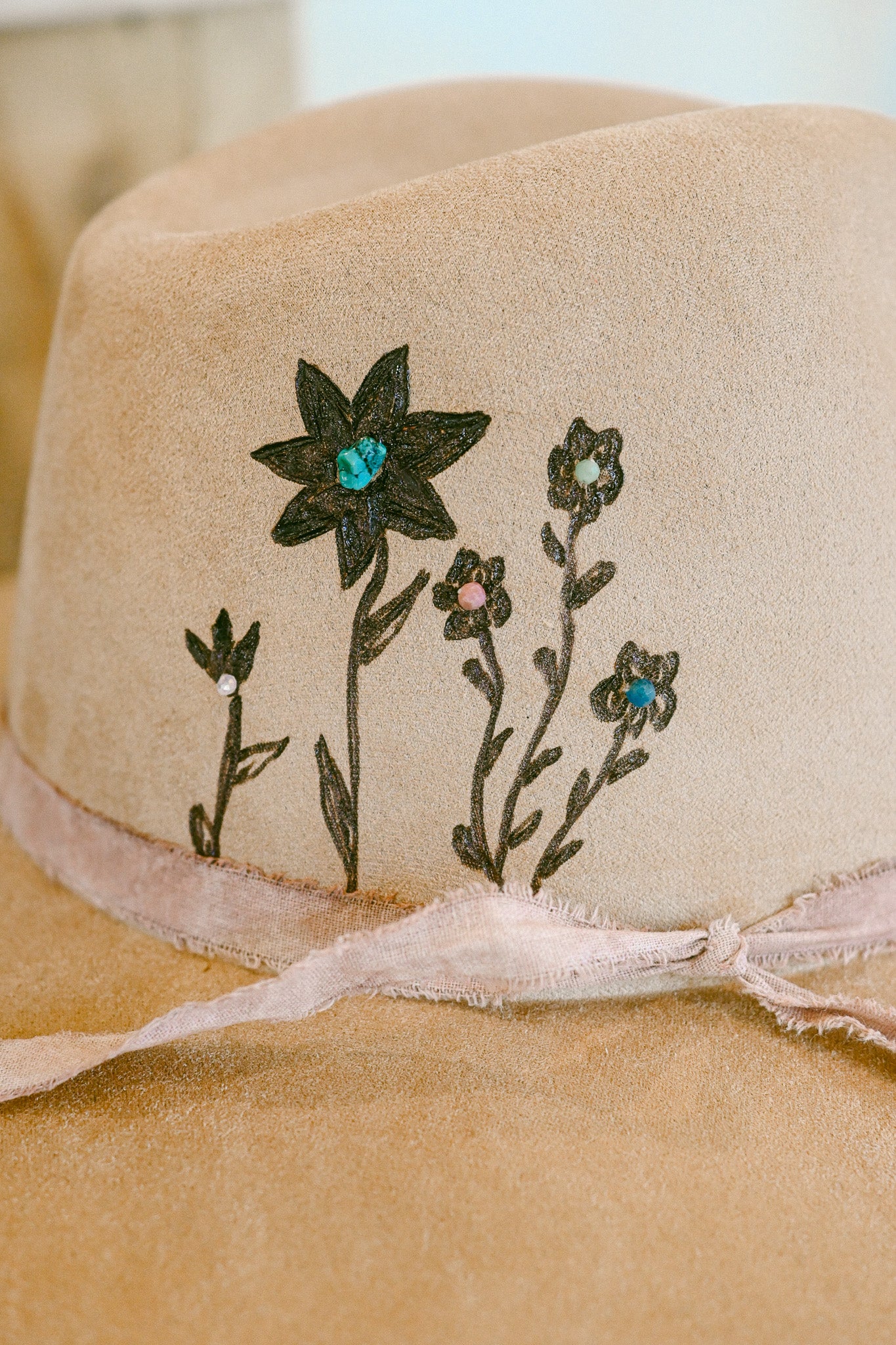 The Diane - Hand-Burned and Hand-Beaded Gemstone Hat