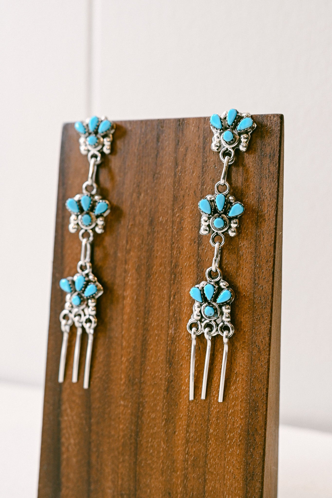 Alice Mutte Zuni Turquoise Sterling Silver Delicate Chandelier Earrings