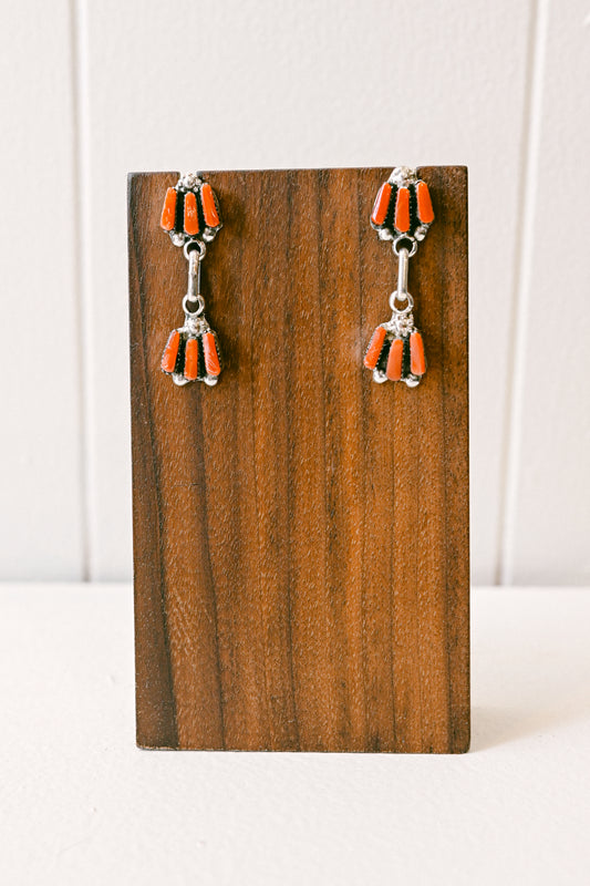 Charlene Hattie Zuni Coral Needlepoint Sterling Silver Drop Earrings