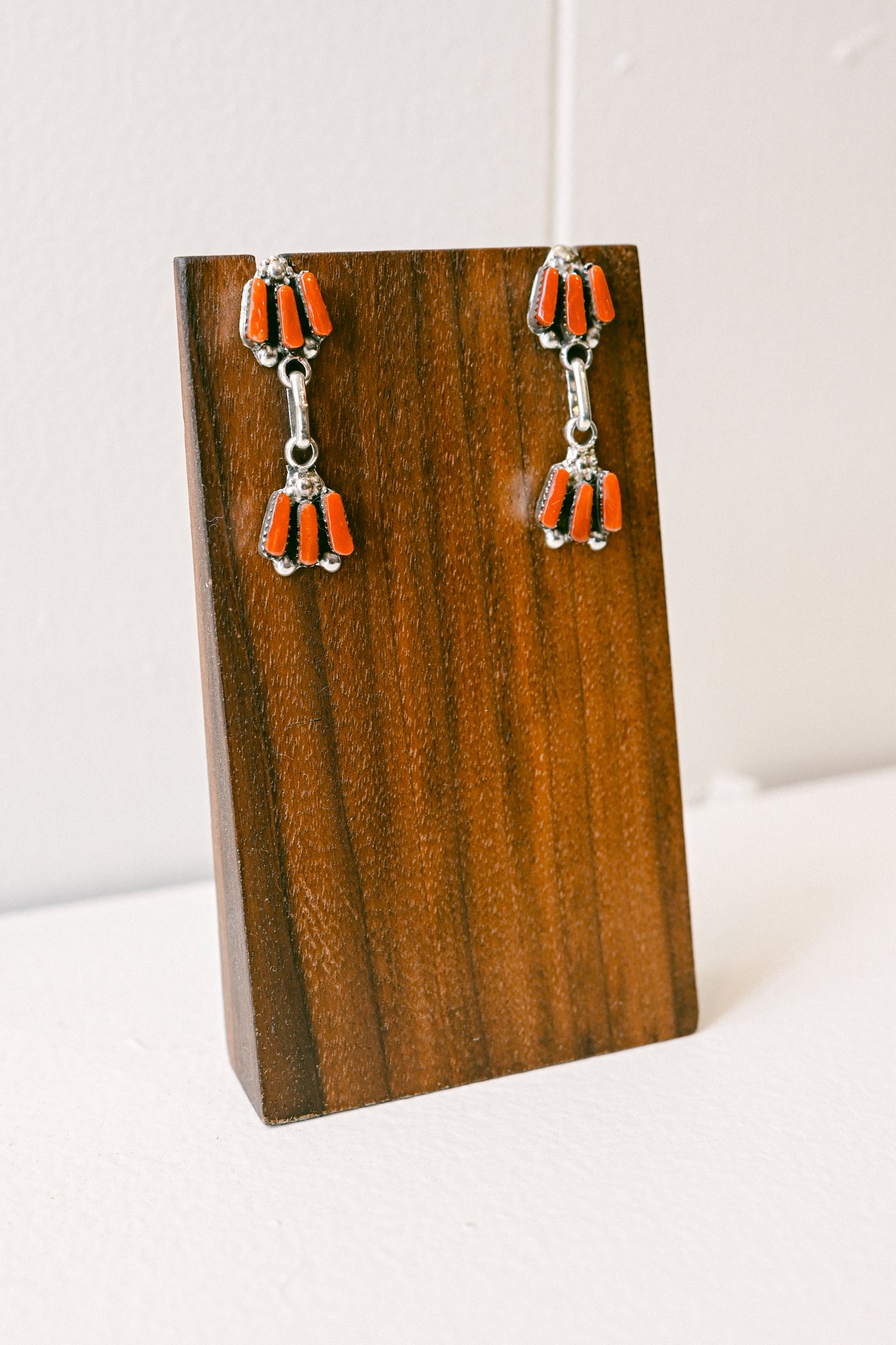 Charlene Hattie Zuni Coral Needlepoint Sterling Silver Drop Earrings
