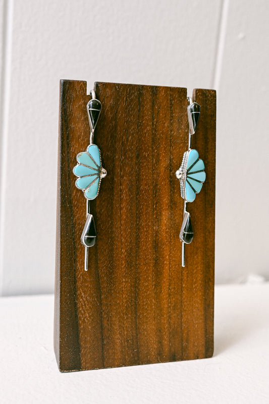 Velda Nastacio Zuni Turquoise and Onyx Sterling Silver Art Deco Earrings