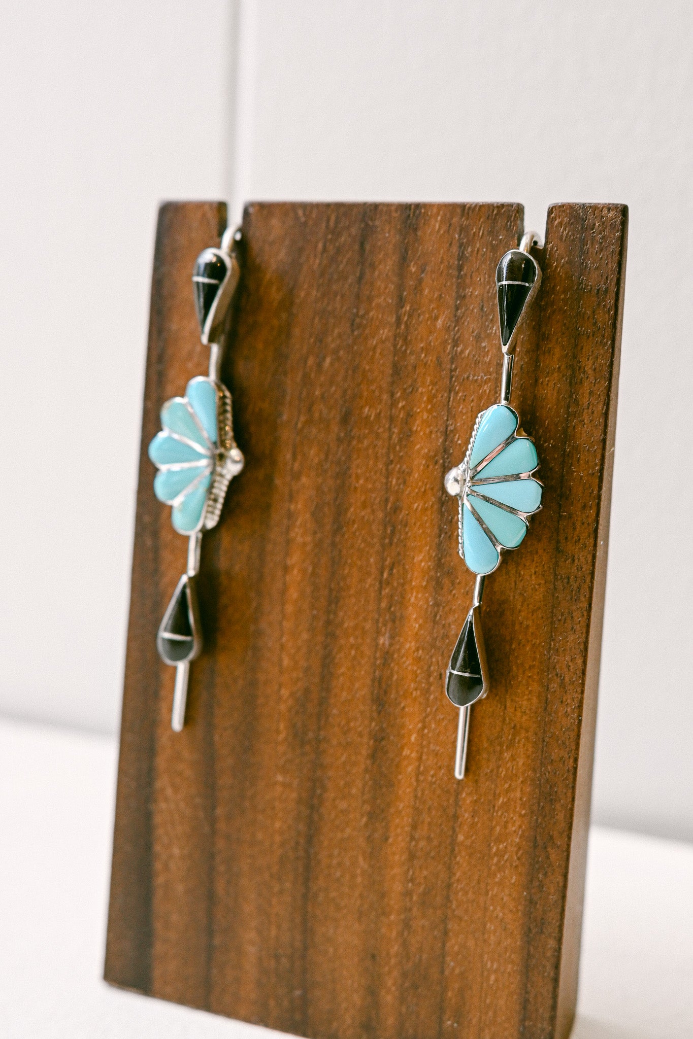 Velda Nastacio Zuni Turquoise and Onyx Sterling Silver Art Deco Earrings