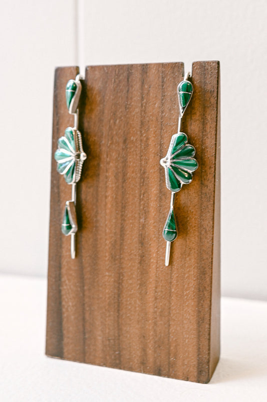 Velda Nastacio Zuni Malachite Sterling Silver Art Deco Earrings