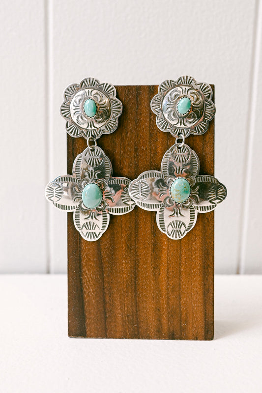 Bertha Begay Navajo Turquoise Stamped Sterling Silver Drop Earrings