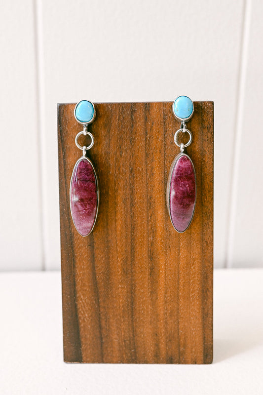 Navajo Purple Spiny Oyster and Turquoise Double Drop Earrings