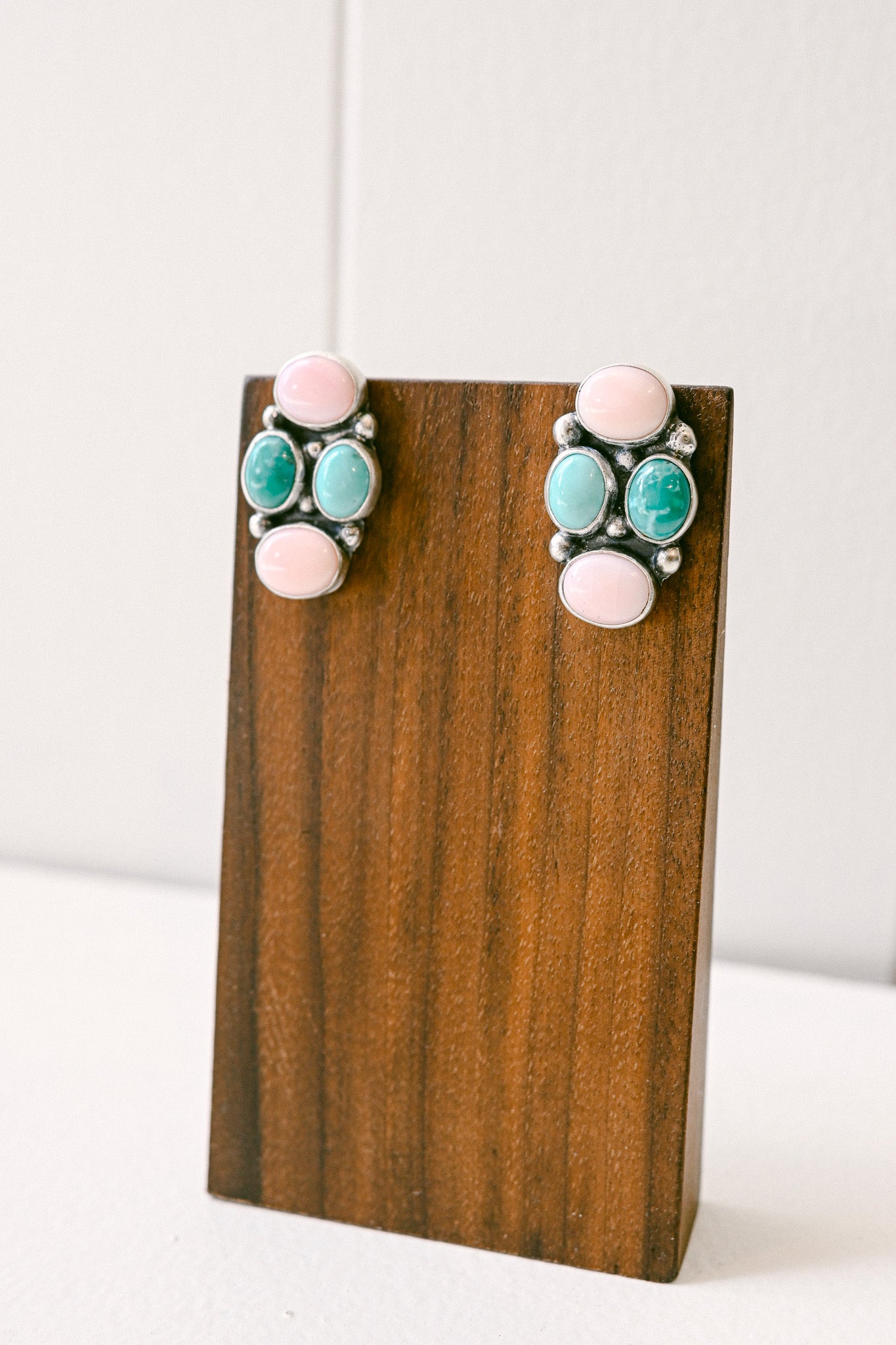 Charlene Yazzie Navajo Pink Conch and Turquoise Sterling Silver Post Earrings