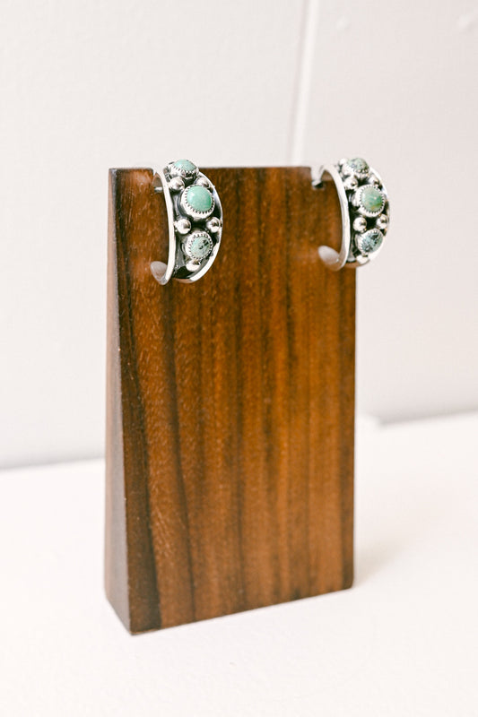 Navajo Sterling Silver Hoops with Three Turquoise Stones