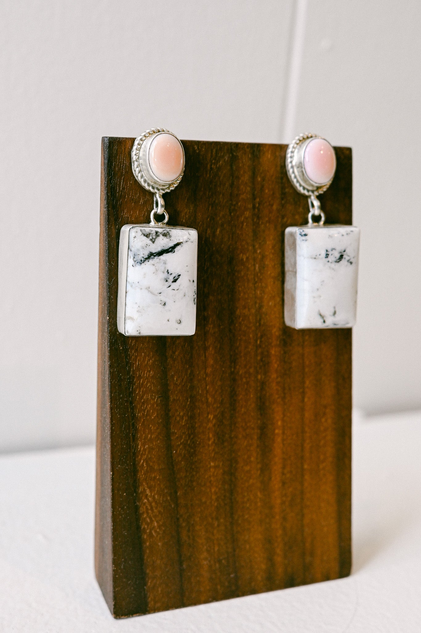 Percy Spencer Navajo Pink Conch and White Buffalo Sterling Silver Drop Earrings