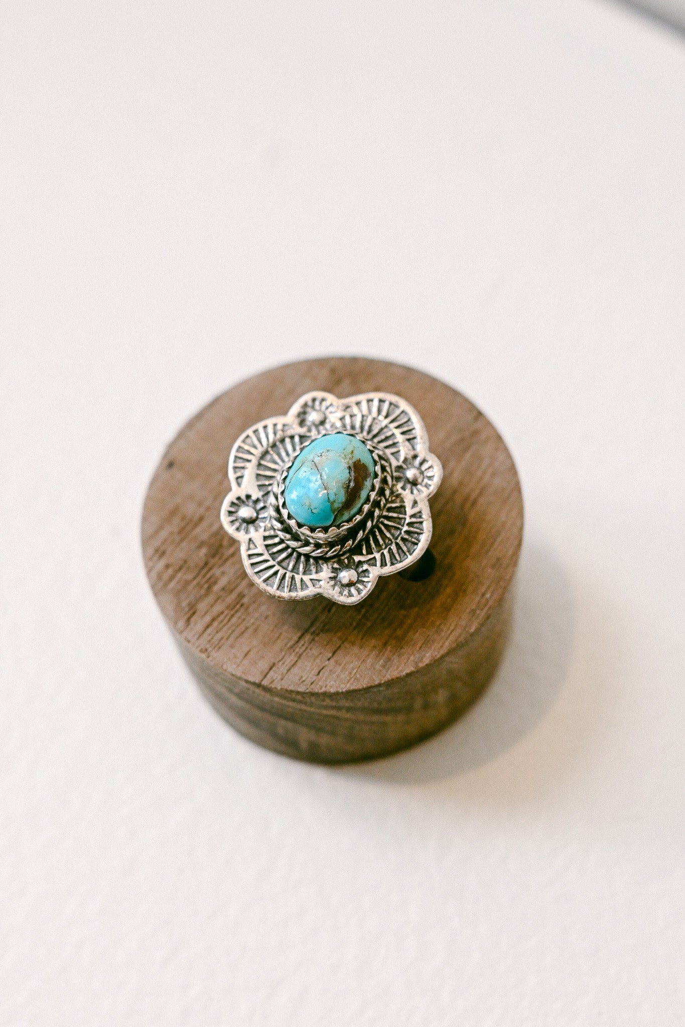Sterling Silver Kingman Turquoise Ring with Floral Silver Design
