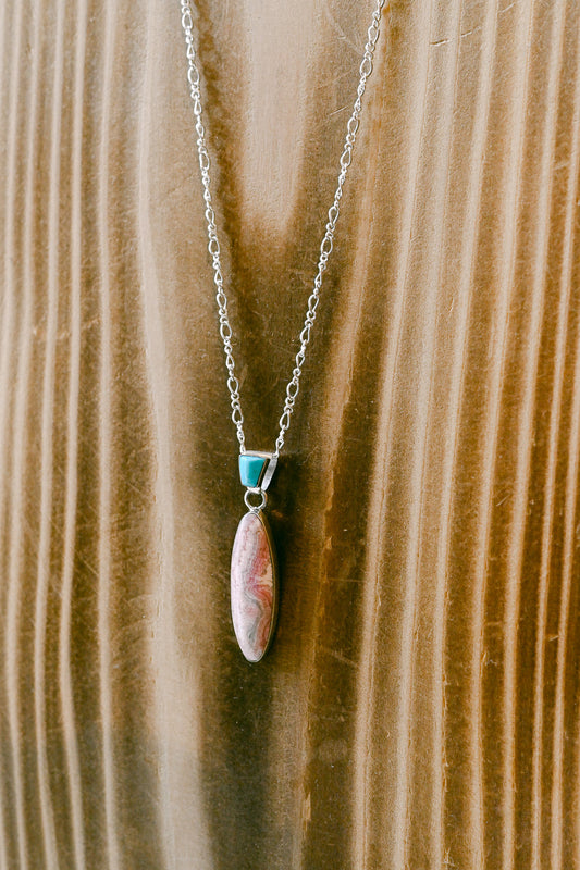 Navajo Sterling Silver Double Drop Gemstone Pendant Necklace with Chain