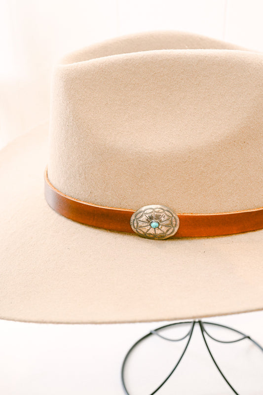 Leather Hat Band with Navajo Sterling Silver & Turquoise Concho