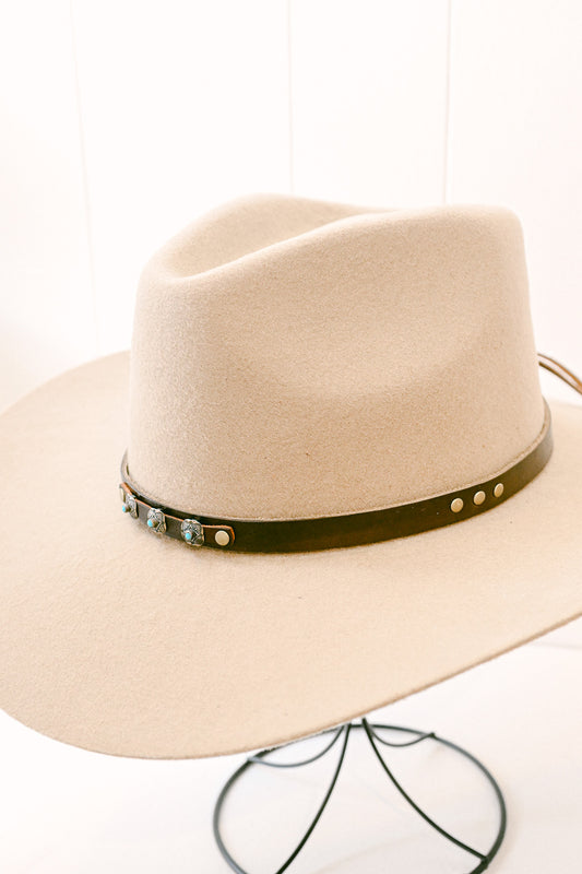 Leather Hat Band with Vintage Silver & Turquoise Conchos