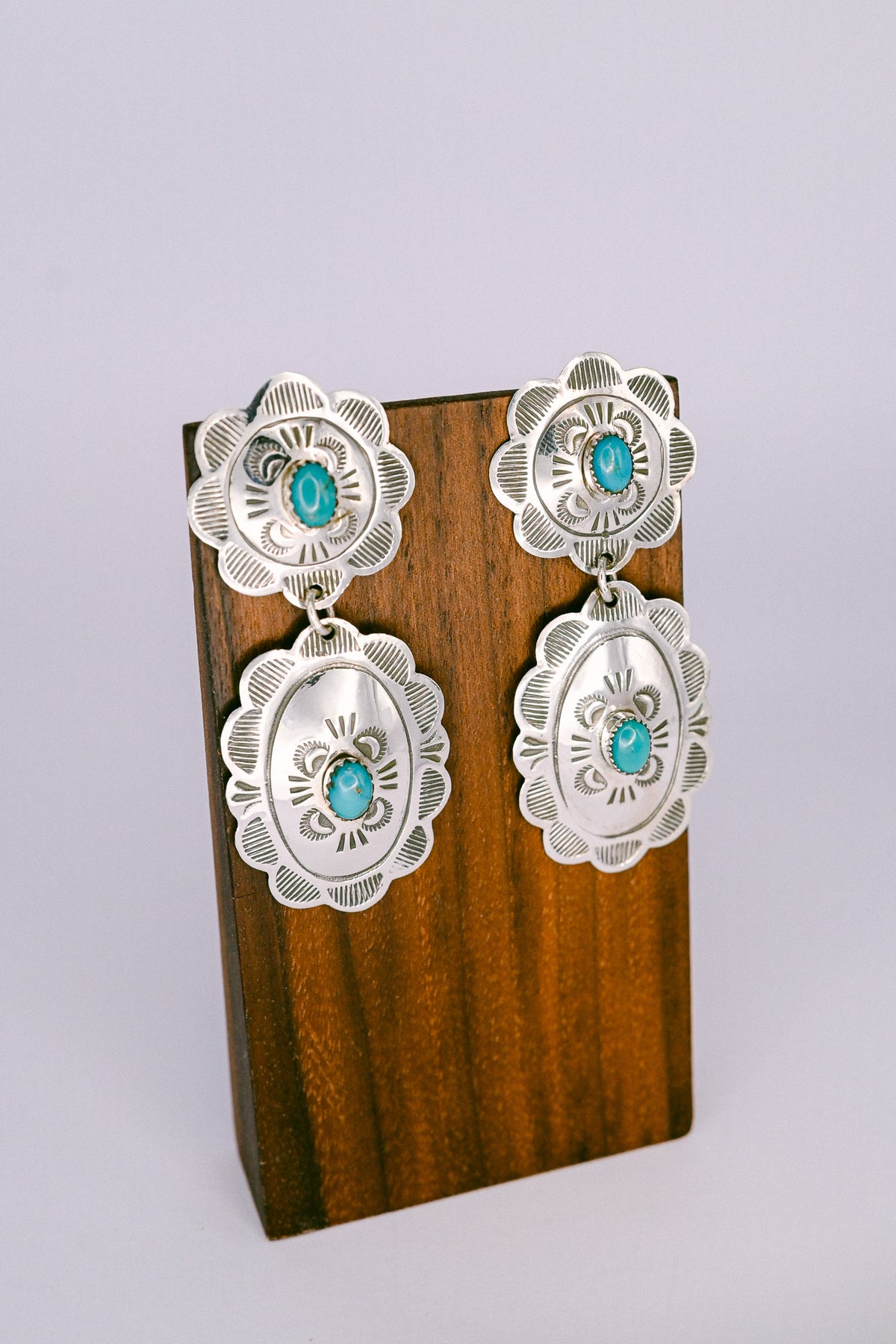 Bertha Begay Navajo Turquoise Stamped Sterling Silver Drop Earrings