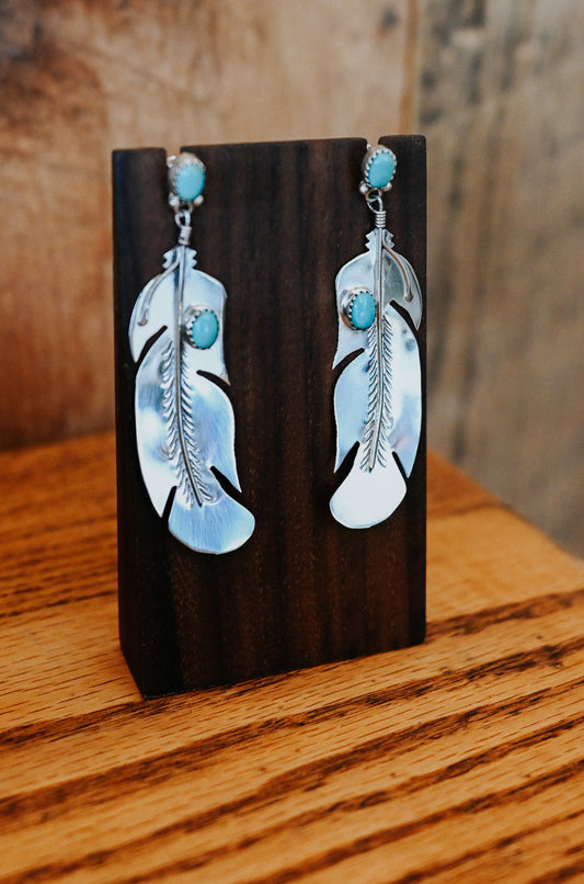 Navajo Handmade Feather Sterling Silver Turquoise Earrings