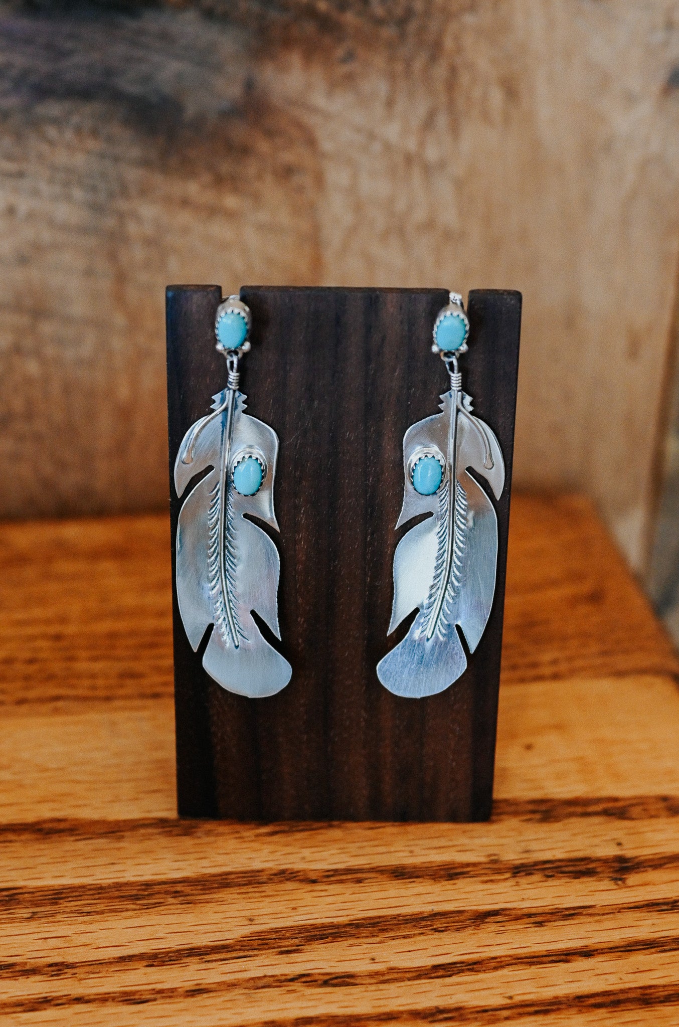 Navajo Handmade Feather Sterling Silver Turquoise Earrings