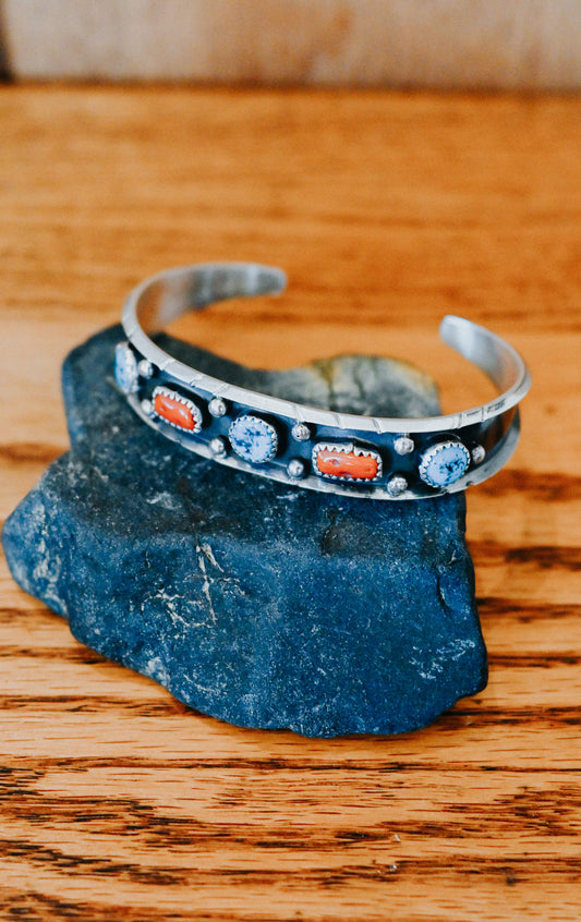 Reed Charley Navajo Handmade Sterling Silver Turquoise/Coral Bracelet
