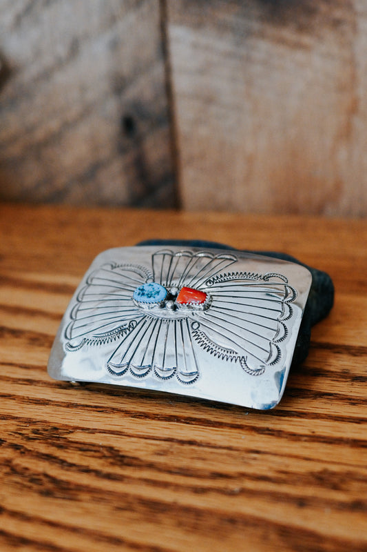 Jolene Begay Turquoise and Coral Belt Buckle