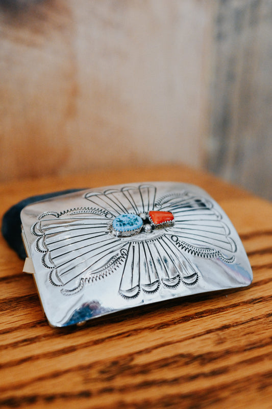 Jolene Begay Turquoise and Coral Belt Buckle