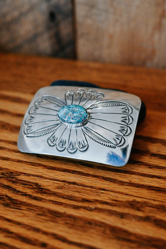 Joanne Begay Navajo Handmade Sterling Silver Kingman Turquoise Belt Buckle