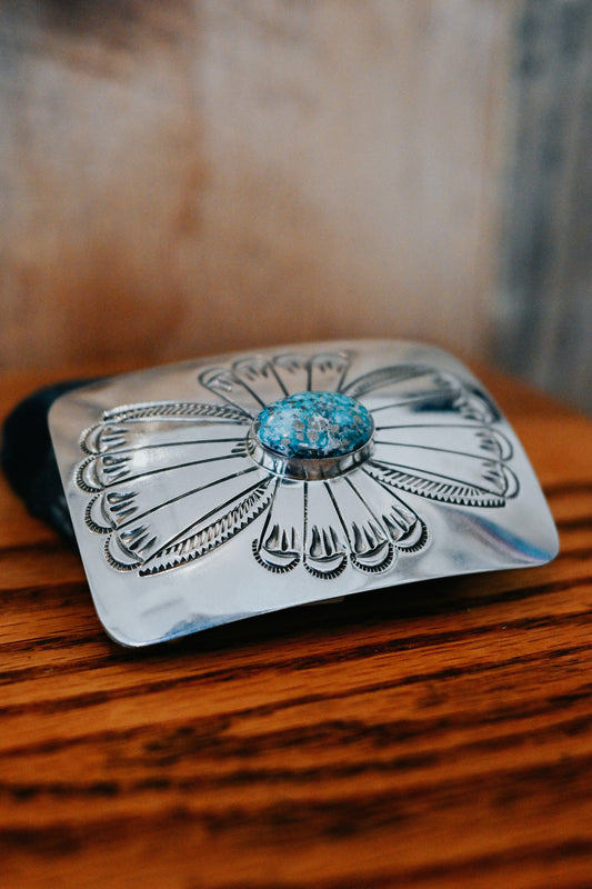 Joanne Begay Navajo Handmade Sterling Silver Kingman Turquoise Belt Buckle