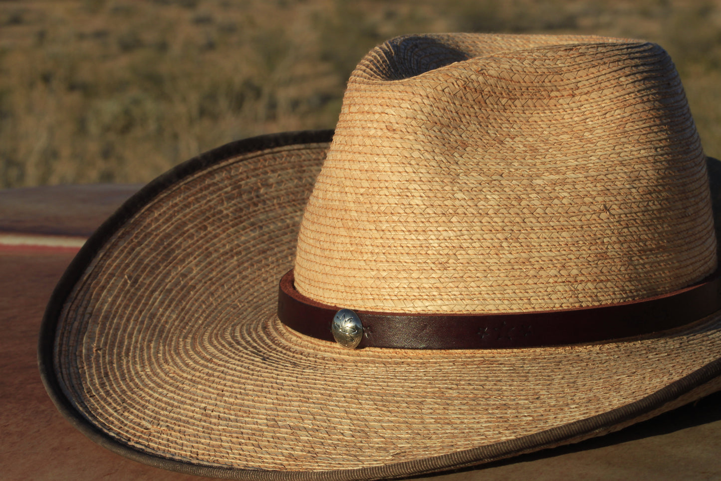 Stamped Star Leather Hat Band with Vintage Silver Button