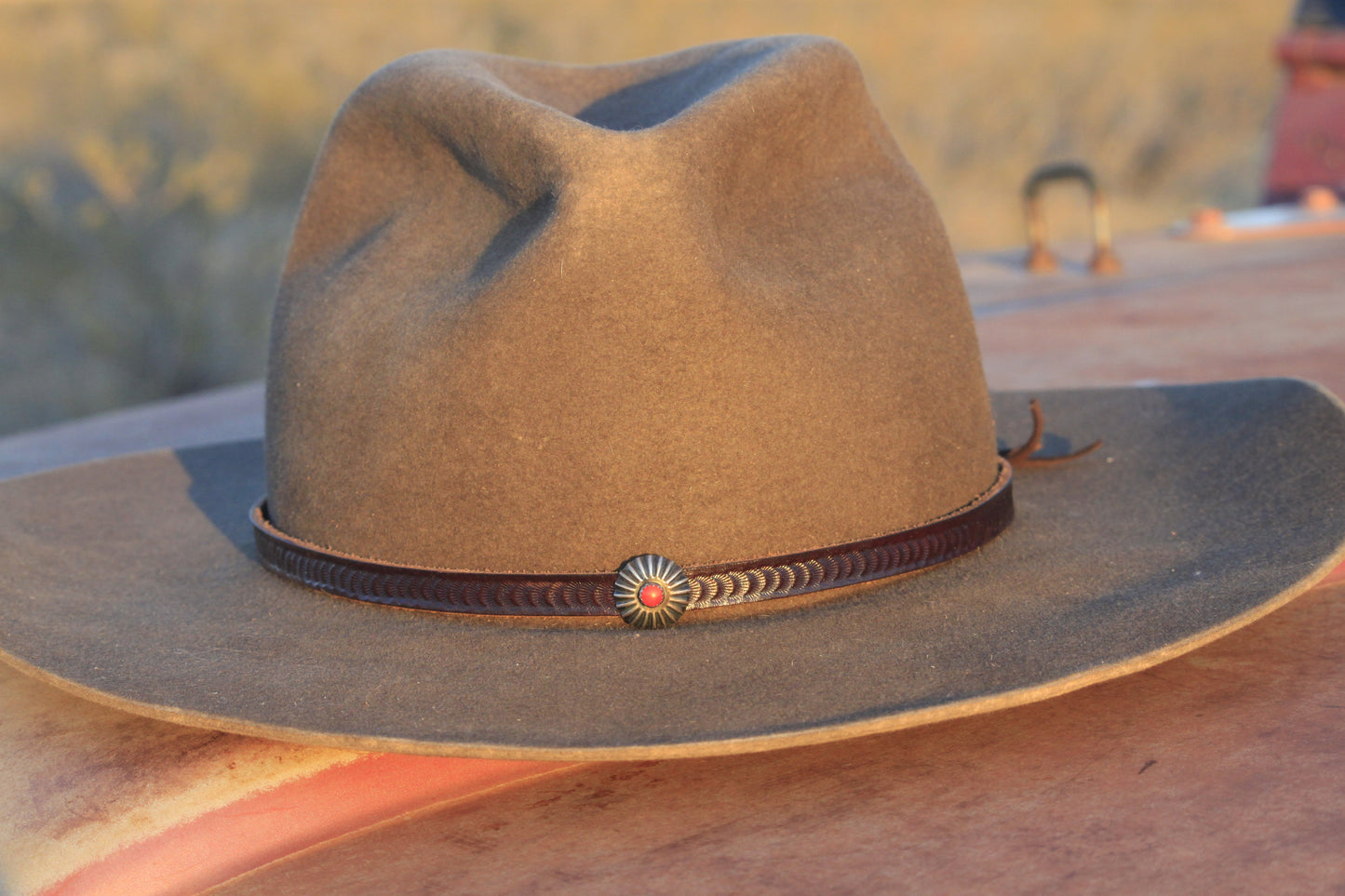 Stamped Leather Hat Band with Sterling Silver & Coral Concho