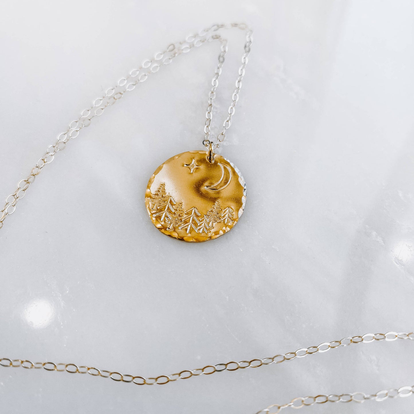 Moonlit Forest Hand Stamped Coin Necklace