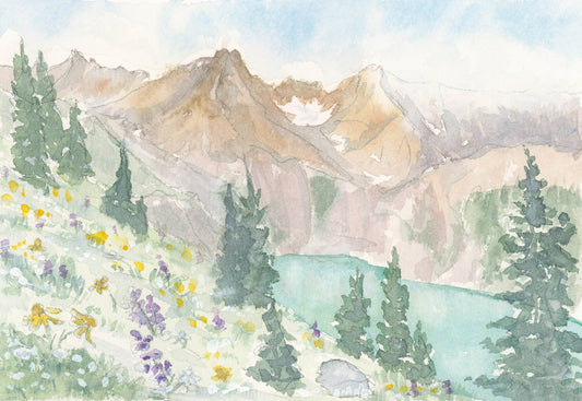 Blue Lakes Art Print with Wildflowers