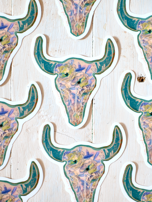 Floral Turquoise Colorful Cow Skull Western Waterproof Sticker Stocking Stuffer