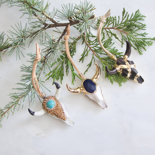 Turquoise, Pave Crystals Skull and Suede Christmas Ornaments