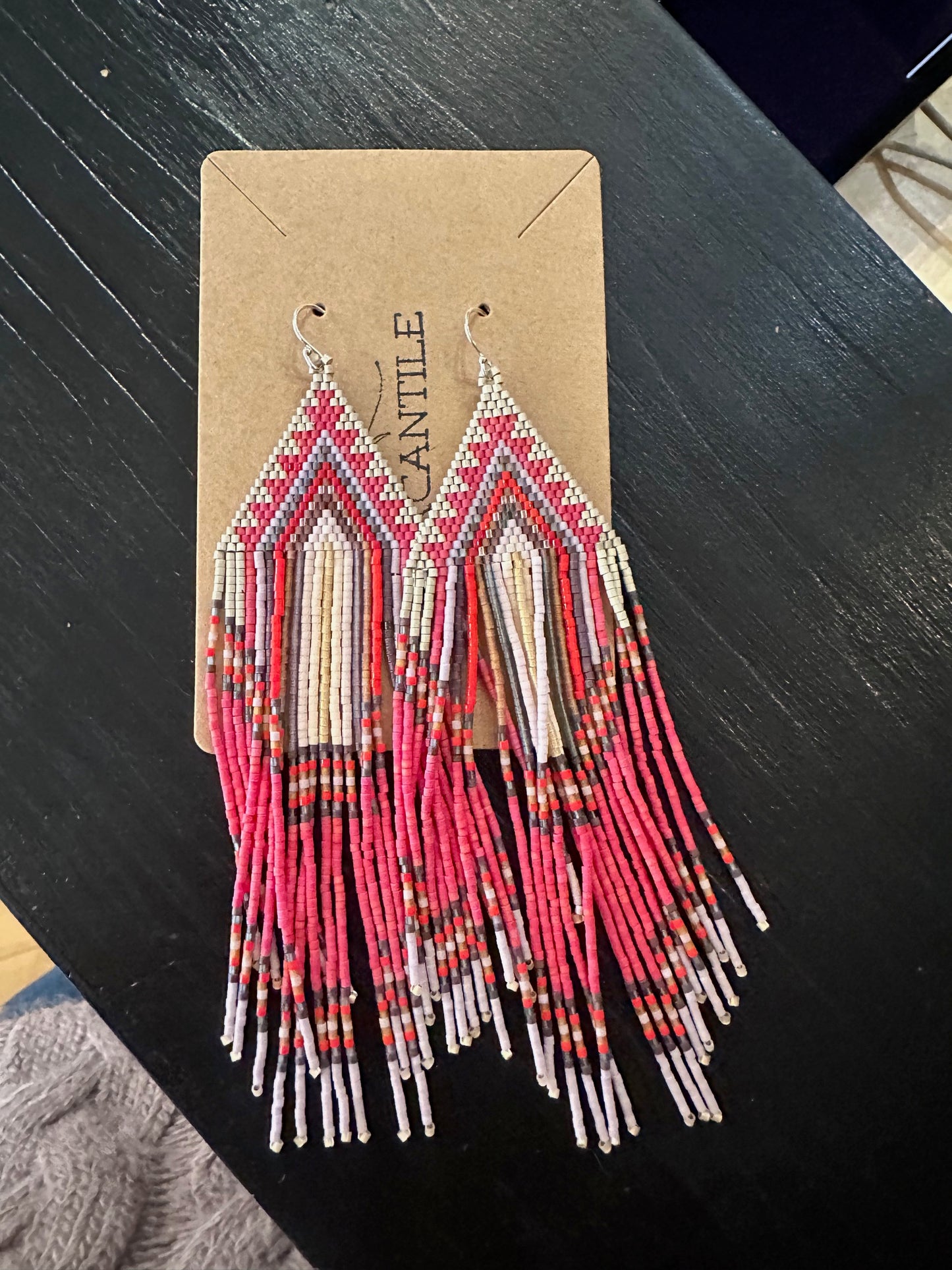 Red and Lavender Fringe Beaded Earrings