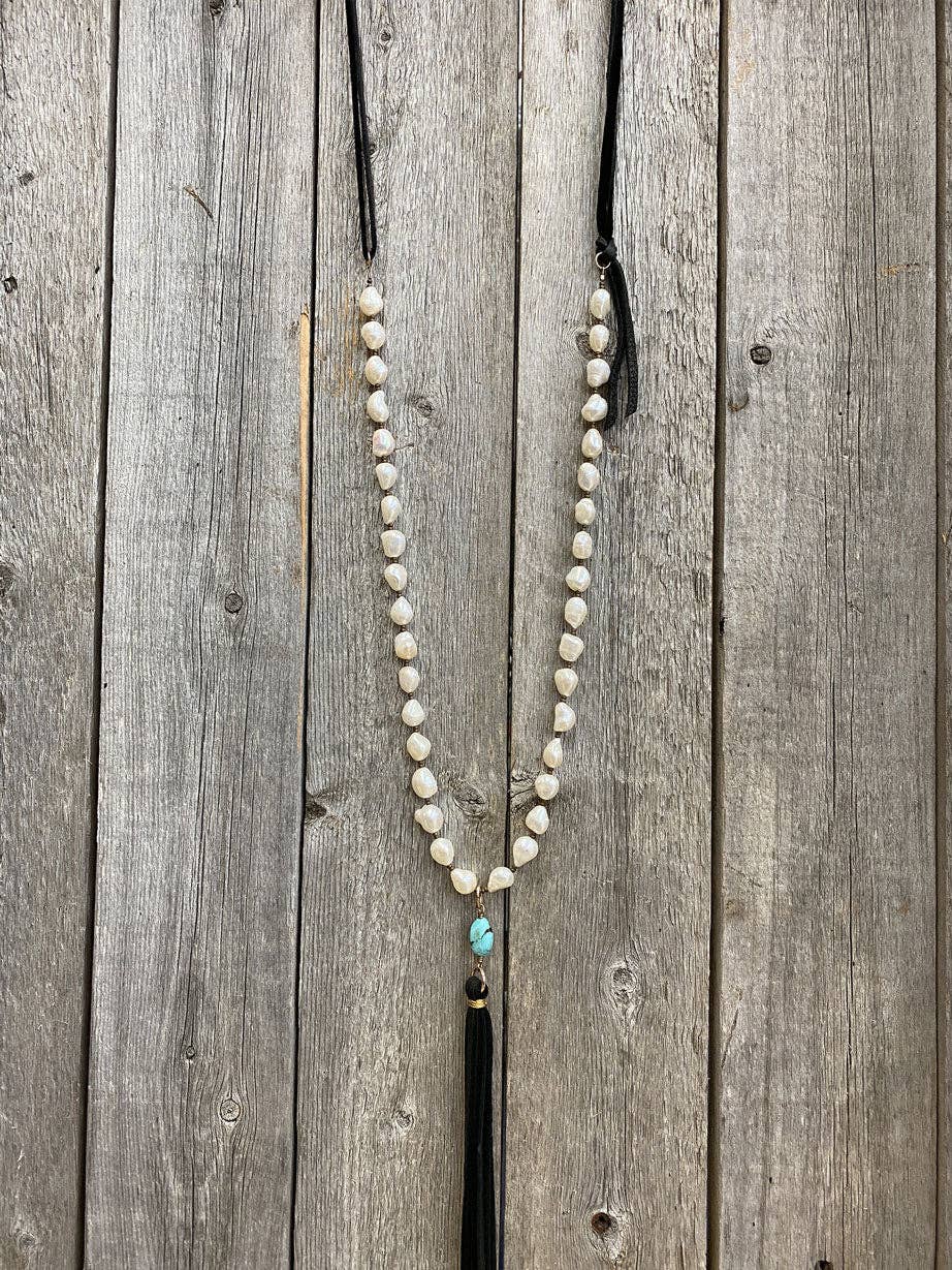 Freshwater Pearl, Turquoise, & Leather Tassel