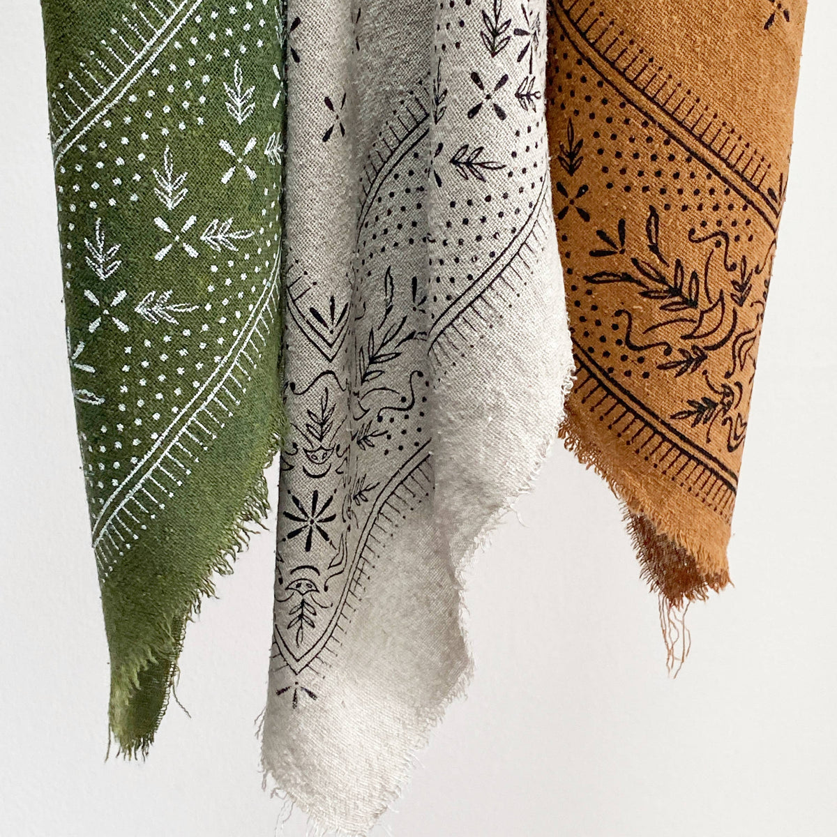 Olive Green Classic print Naturally Dyed Bandana (White ink)