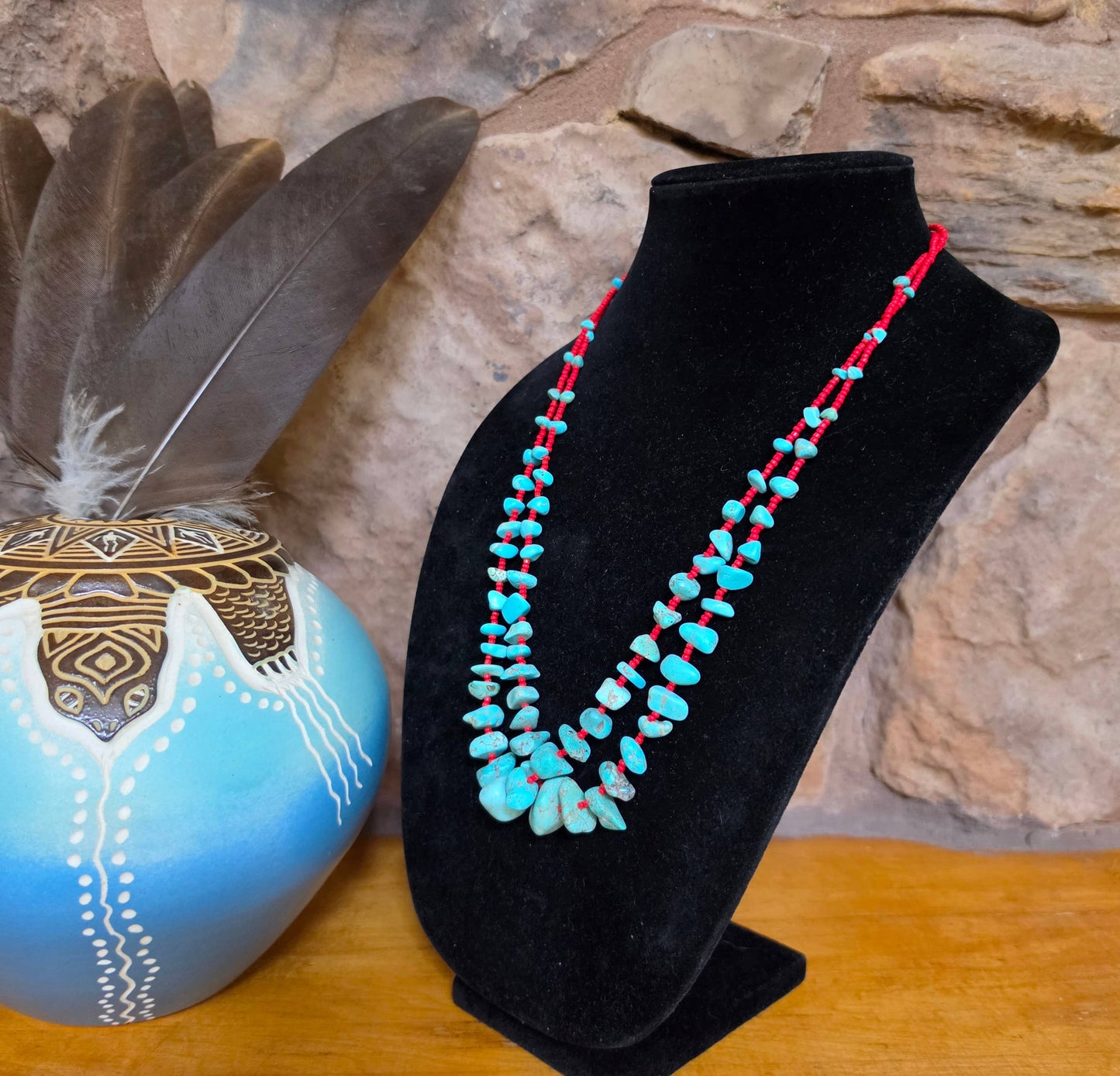 Double Strand Turquoise & Red Seed Bead Necklace