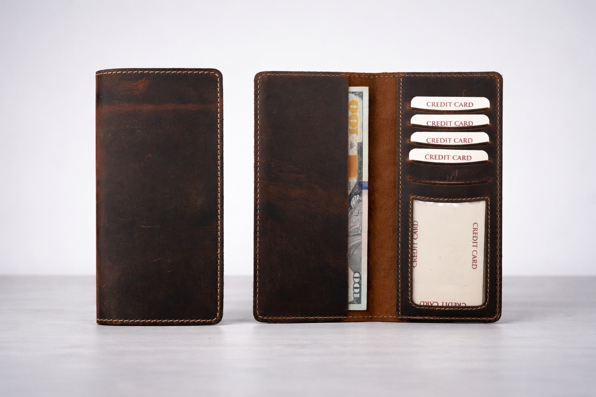 Genuine Leather Long Wallet Long Leather Bifold Wallet