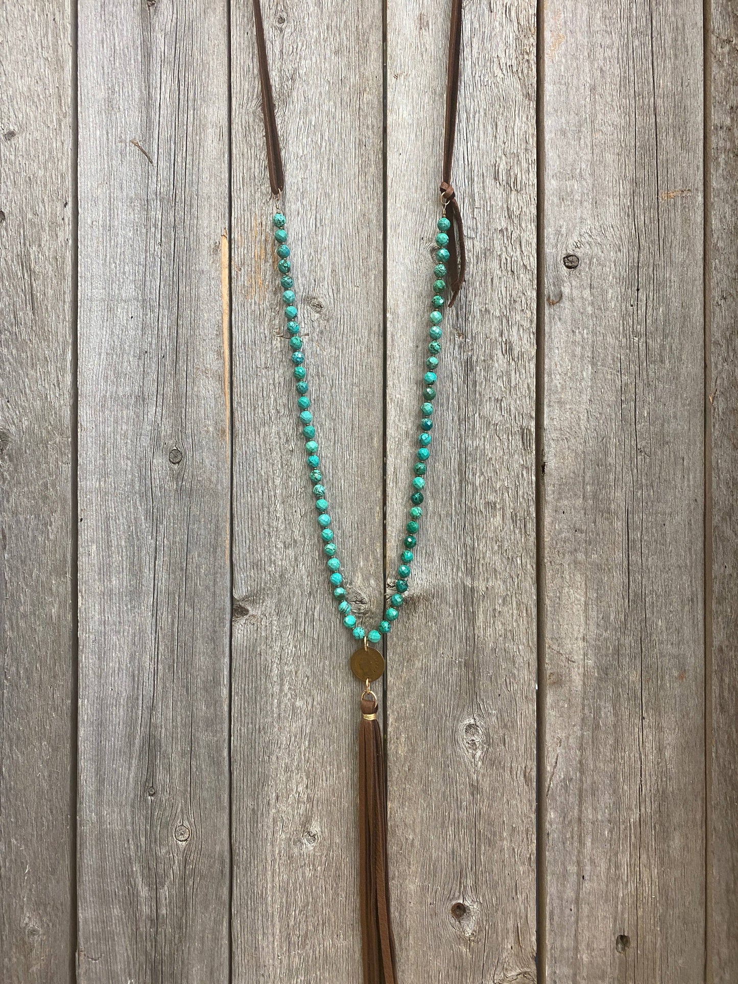 Faceted Turquoise w/Nickel & Leather Tassel