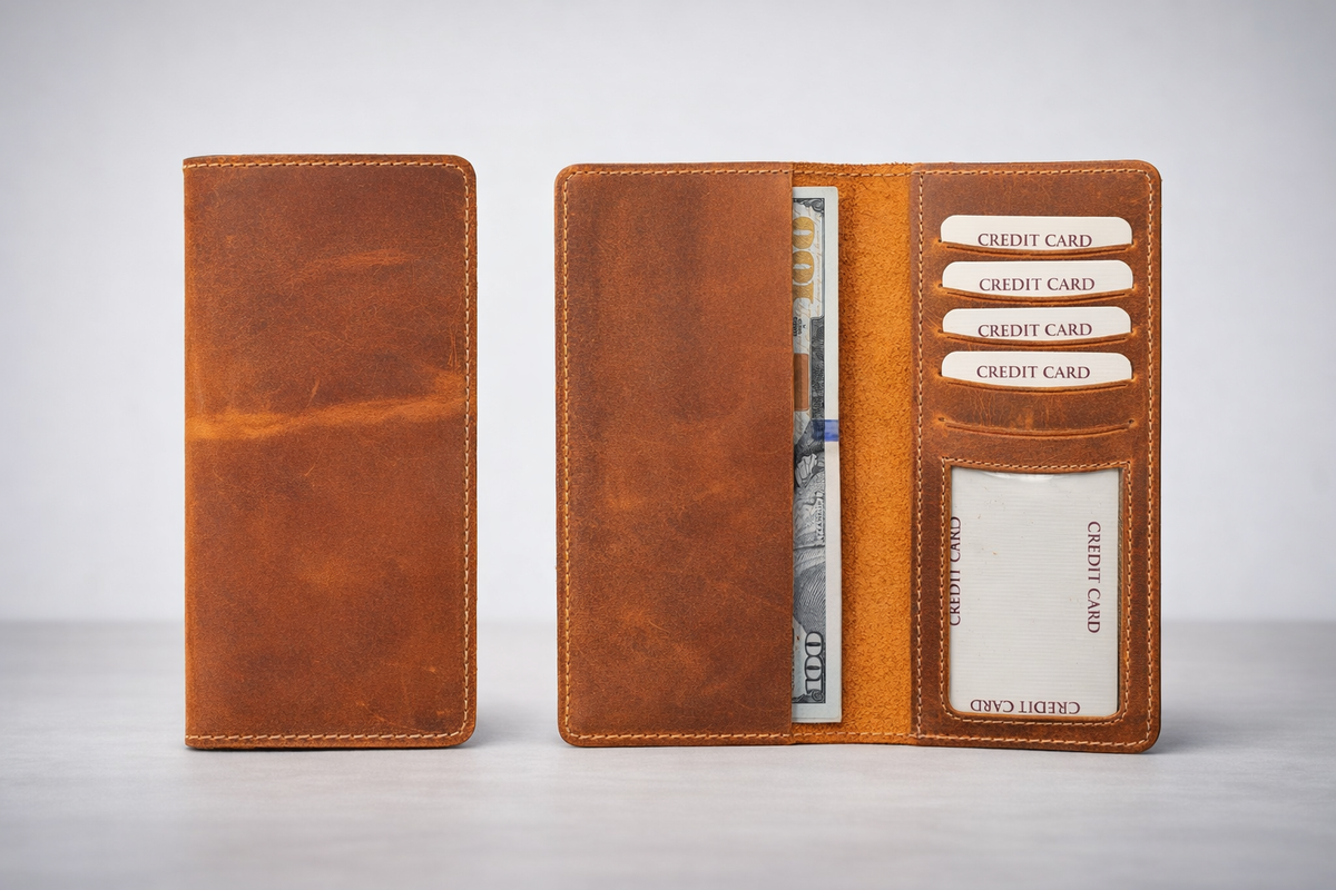Genuine Leather Long Wallet Long Leather Bifold Wallet