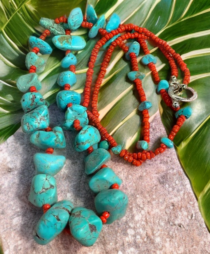 Navajo Made Turquoise & Red Seed Bead Necklace