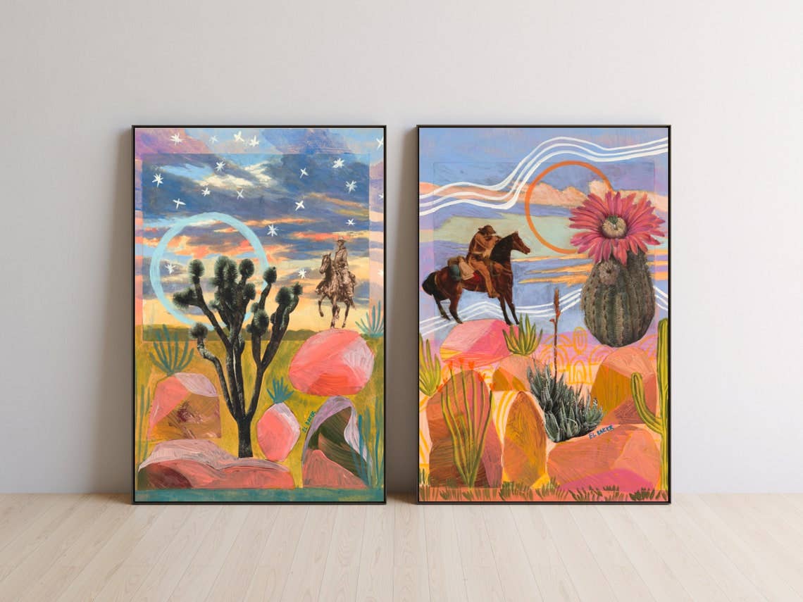 Desert Cowboy and Sunset Rocks Print