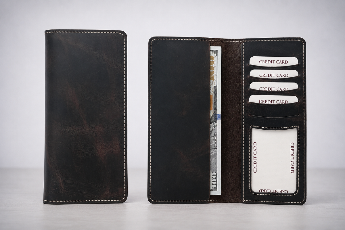 Genuine Leather Long Wallet Long Leather Bifold Wallet