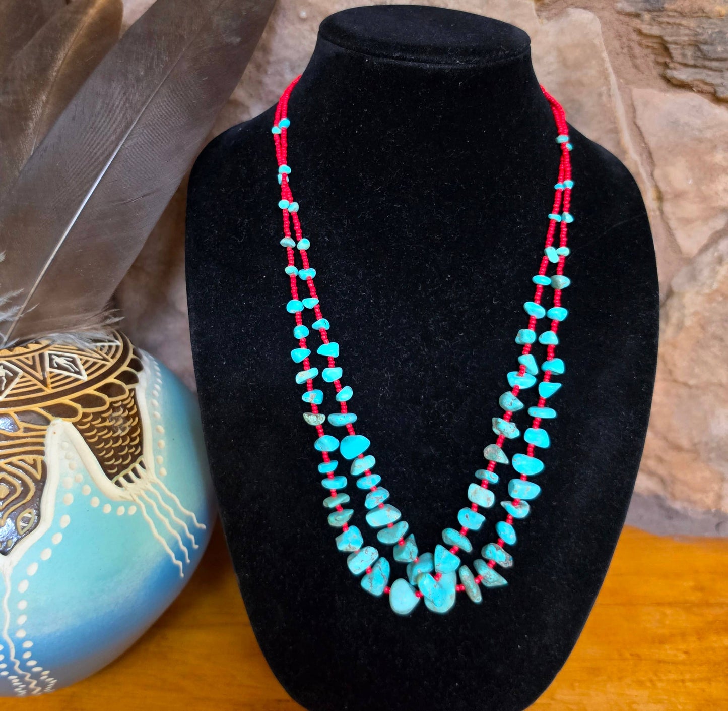 Double Strand Turquoise & Red Seed Bead Necklace