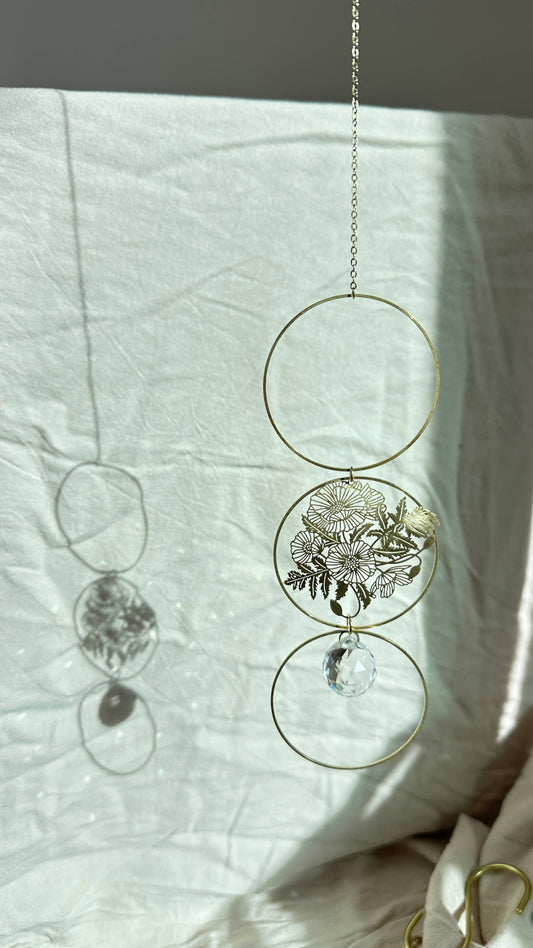 Floral Suncatcher, brass hoops, dainty flower wall hanging