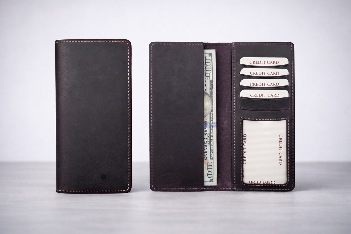 Genuine Leather Long Wallet Long Leather Bifold Wallet