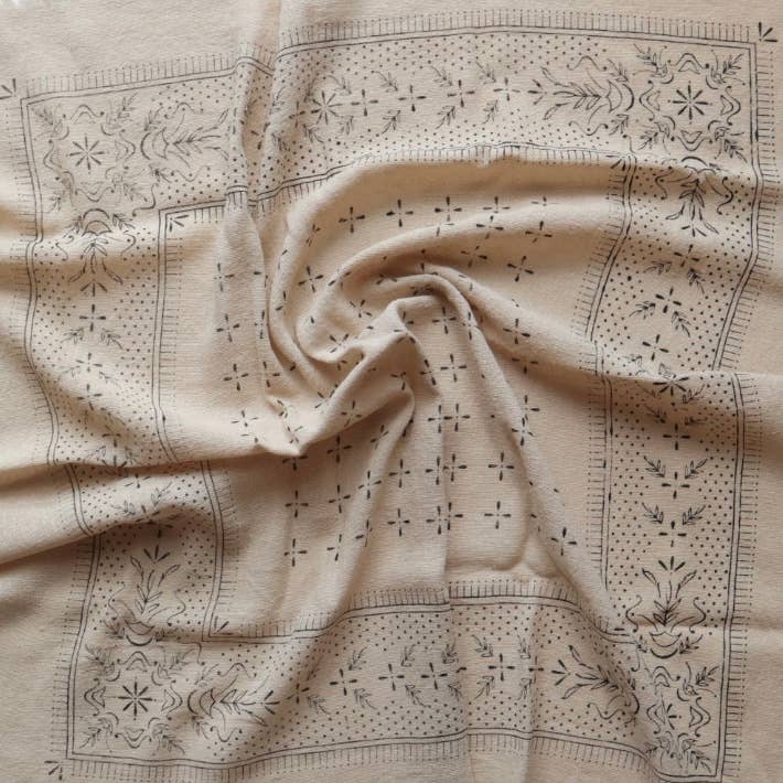 Oatmeal Classic Print Naturally Raw Silk Bandana -black ink