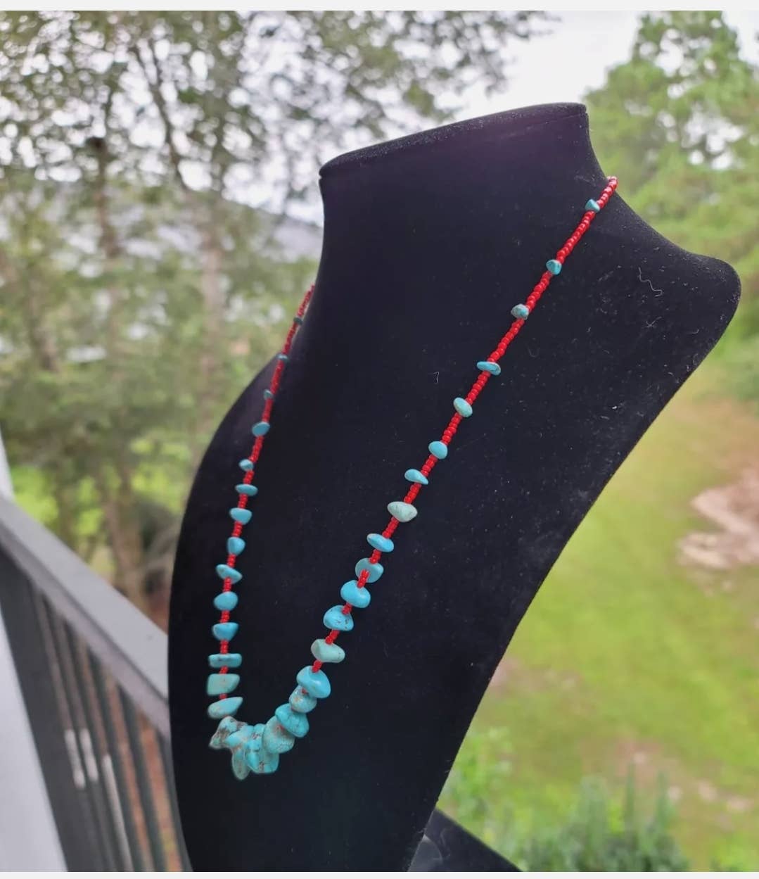 Navajo Made Turquoise & Red Seed Bead Necklace