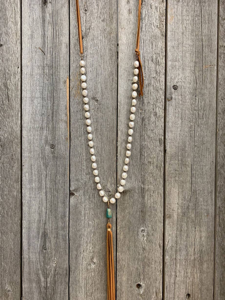 Freshwater Pearl, Turquoise, & Leather Tassel